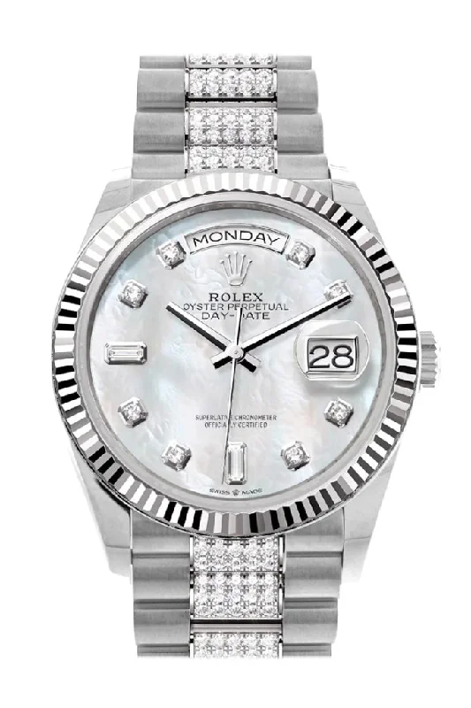 Mechanical Watches with Hand-Winding MechanismRolex Day-Date 36 Mother of Pearl Diamond Dial Fluted Bezel White Gold Diamond President Watch 128239