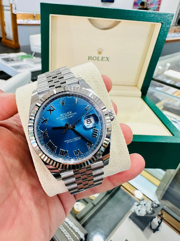 Square Dial Watches with Modern DesignRolex DateJust 41 126334 Blue Roman Dial Jubilee Steel 18k White Gold Unworn Box and Papers