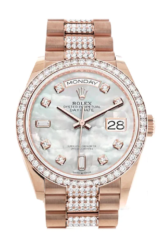 Watches with Baton-Style Hands for a Classic LookRolex Day-Date 36 Mother of Pearl Diamond Dial Diamond Bezel 18K Everose Gold Diamond President Watch 128345RBR