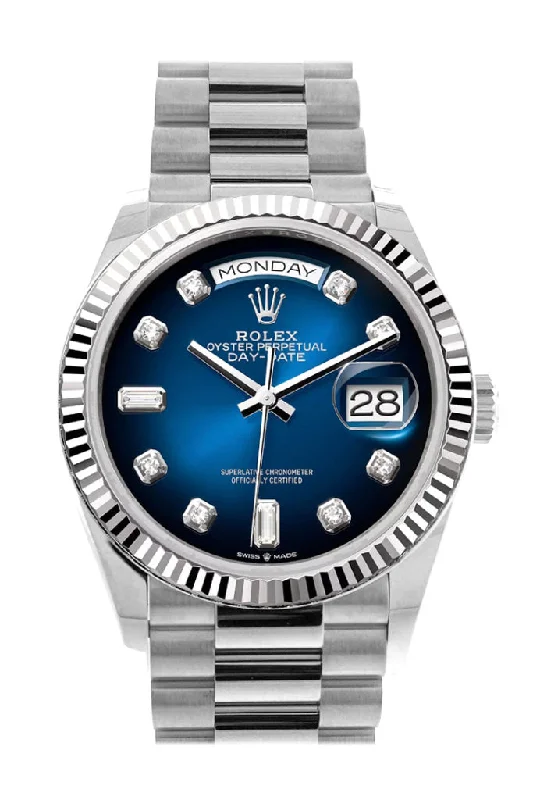 Watches with Multiple Time Zone DisplaysRolex Day-Date 36 Blue ombré Diamond Dial Fluted Bezel White gold President Watch 128239