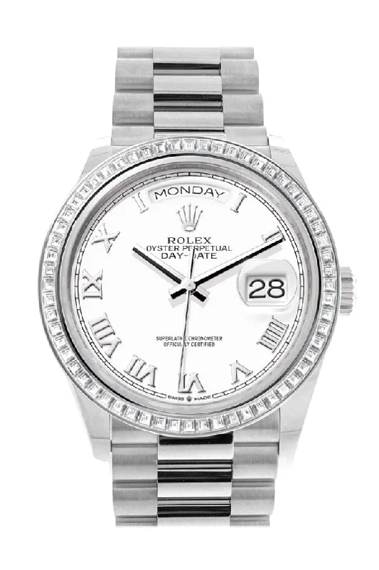 Watches with Dauphine-Style Hands for an Elegant LookRolex Day-Date 36 White Dial Diamond Bezel Platinum President Watch 128396TBR