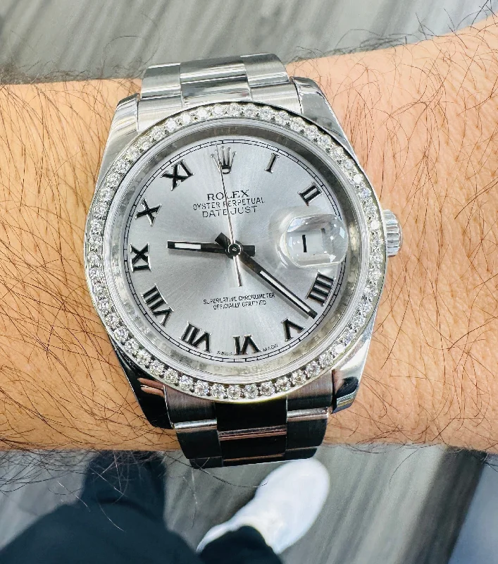 Casual Watches for Weekend OutingsRolex Datejust 36 116200 Silver Roman Dial with Custom 1.50Ct Diamond Bezel PreOwned