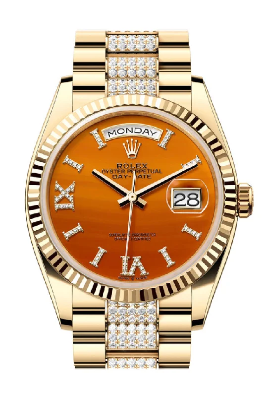 Watches with Engraved Dials for PersonalizationRolex Day-Date 36 Carnelian Dial Gold Fluted Bezel Diamond Bracelet Yellow Gold Watch 128238