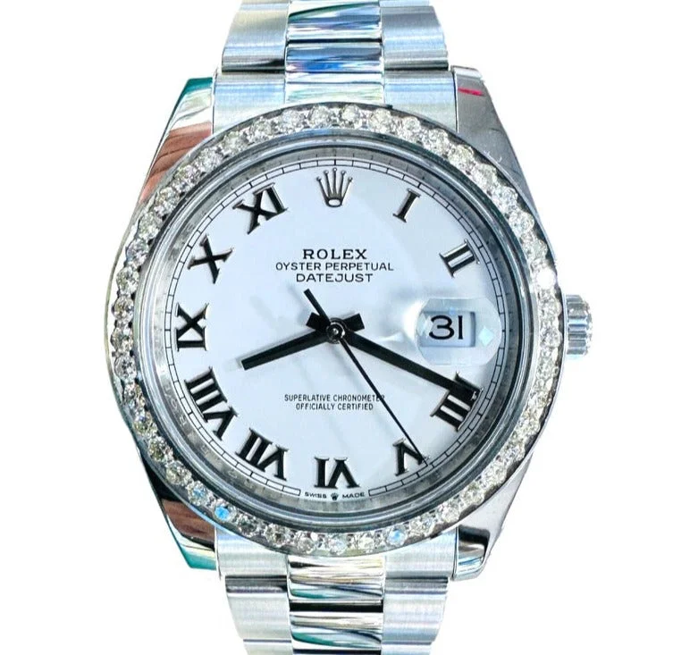 Fashionable Quartz Watches for Women with Leather StrapsRolex Datejust 41 126300 Custom 2.75 Natural Diamond bezel White Roman Dial PreOwned