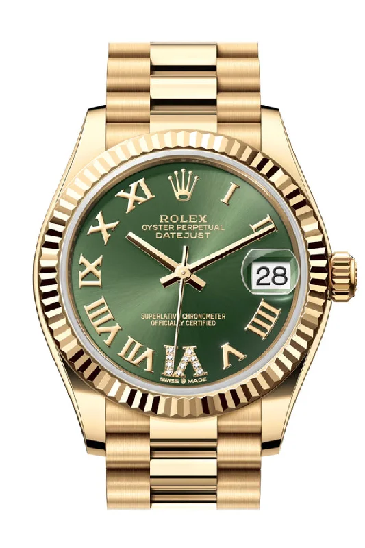 Watches with Stainless Steel PVD Coating for Scratch ResistanceRolex Datejust 31 Green Roman Dial Fluted Bezel Yellow Gold Ladies Watch 278278 278278-0030