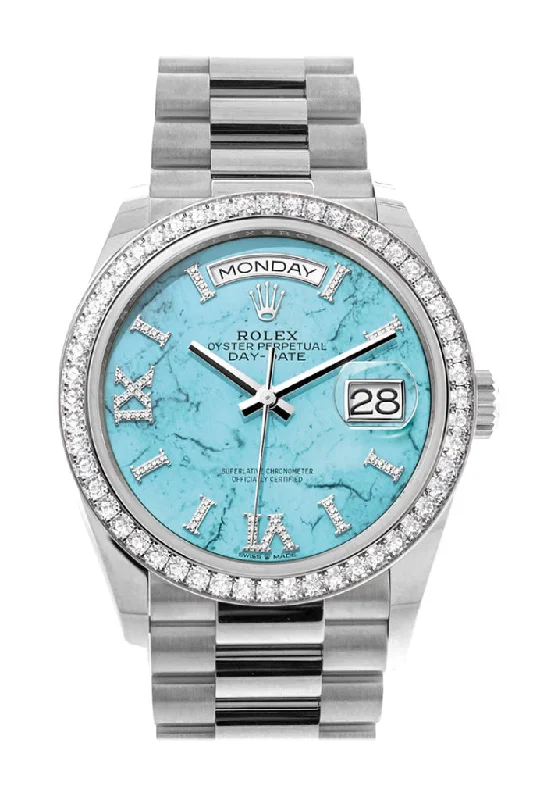 Men’s Watches with Date Display WindowRolex Day-Date 36 Turquoise Diamond Dial Diamond Bezel White Gold President Watch 128349RBR