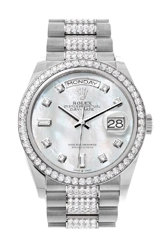 Designer Brand Watches with Unique Dial PatternsRolex Day-Date 36 Mother of Pearl Diamond Dial Diamond Bezel White Gold Diamond President Watch 128349RBR