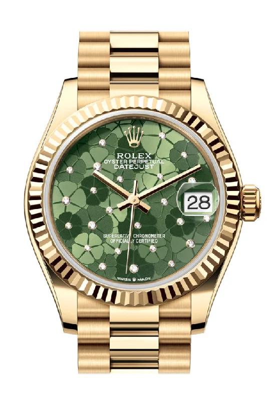 Watches with Luminous Markers for Night VisibilityRolex Datejust 31 Olive Green Floral Motif Diamond Dial Fluted Bezel Yellow Gold Ladies Watch 278278 278278-0046