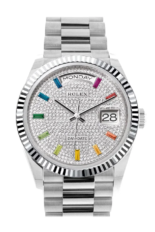 Watches with Sword-Style Hands for a Distinctive LookRolex Day-Date 36 Diamond Paved Dial Fluted Bezel Platinum President Watch 128236