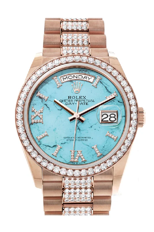 Watches with Embossed Dials for a Textured LookRolex Day-Date 36 Turquoise Dial Diamond Bezel 18K Everose Gold Diamond President Watch 128345RBR