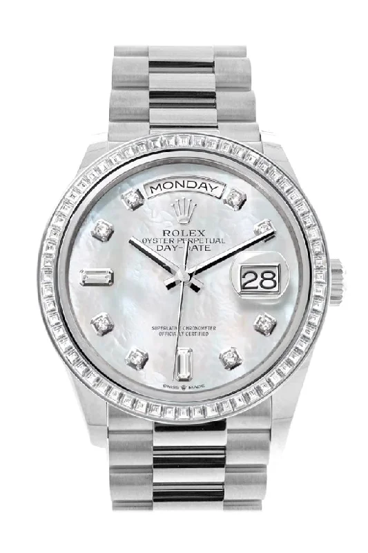 Watches with Embossed Dials for a Textured LookRolex Day-Date 36 Mother of Pearl Dial Diamond Bezel Platinum President Watch 128396TBR