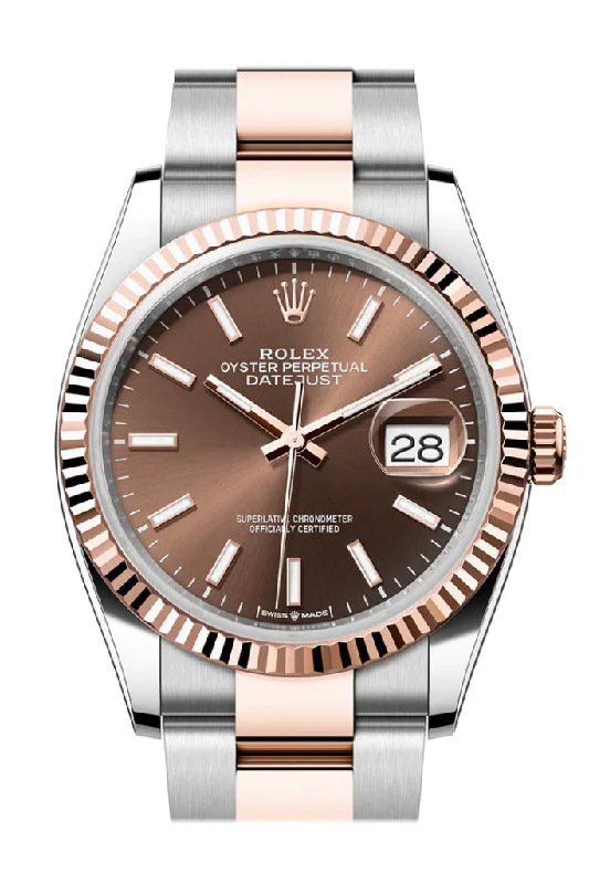 Watches with Luminous Markers for Night VisibilityRolex Datejust 36 Chocolate Dial Fluted Rose Gold Two Tone Oyster Watch 126231