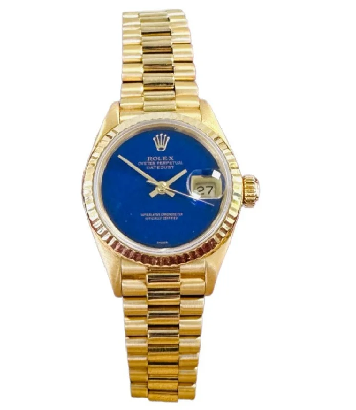 Watches with Glossy Finish Cases for a Shiny AppealRolex Lady-Datejust President 69178 RARE Factory Blue lapis 18k Yellow Gold CLEAN