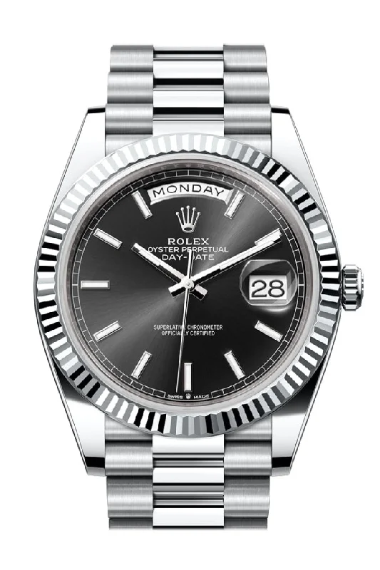 Watches with Multiple Time Zone DisplaysRolex Day-Date 40 Black Dial Fluted Bezel Platinum President Men's Watch 228236