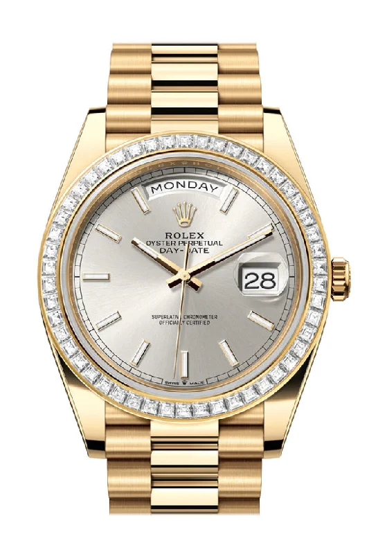 Watches with Braided Straps for a Handmade TouchRolex Day-Date 40 Silver Dial Baguette Diamond Bezel 18K Yellow Gold President Men's Watch 228398TBR