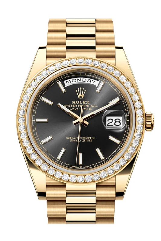 Outdoor Adventure Watches with CompassRolex Day-Date 40 Bright Black Dial Diamond Bezel Yellow Gold President Men's Watch 228348RBR 228348