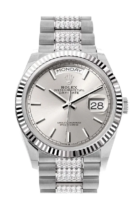 Men’s Dress Watches with Slim ProfilesRolex Day-Date 36 Silver Dial Fluted Bezel White Gold Diamond President Watch 128239