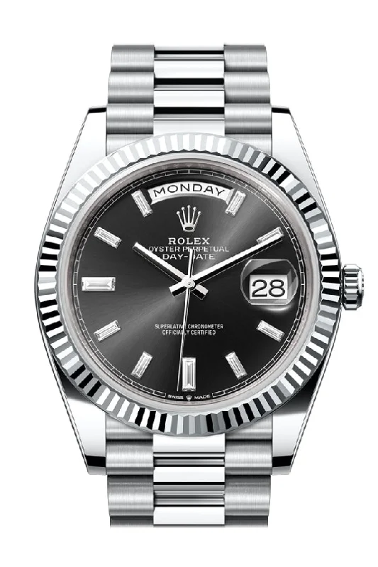 Men’s Dress Watches with Slim ProfilesRolex Day-Date 40 Bright Black 10 baguette-cut Diamonds Dial Fluted Bezel Platinum President Men's Watch 228236