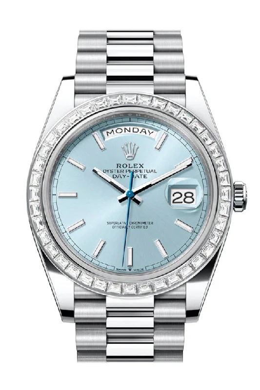 Alloy Cased Watches for Affordable QualityRolex Day-Date 40 Ice Blue Dial Baguette Diamond Bezel Platinum President Men's Watch 228396TBR