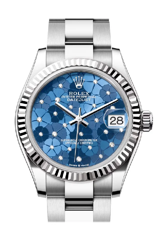 Watches with GMT FunctionRolex Datejust 31 Blue Floral Diamond Dial Fluted Bezel Ladies Watch 278274 278274-0035