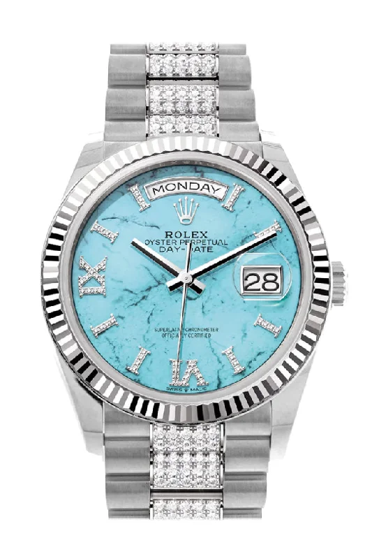 Casual Watches for Weekend OutingsRolex Day-Date 36 Turquoise Diamond Dial Fluted Bezel White Gold Diamond President Watch 128239