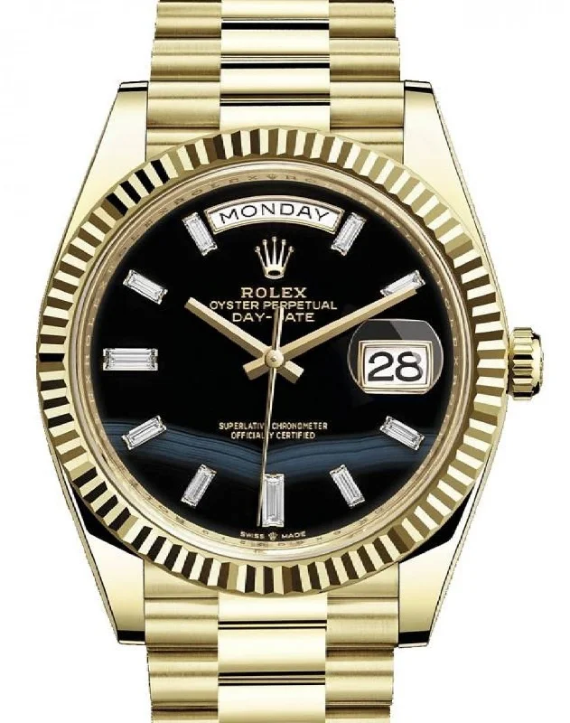 Watches with Stainless Steel PVD Coating for Scratch ResistanceRolex Day-Date 40 Yellow Gold Day-Date 40 Watch - Fluted Bezel - Onyx Dial - President Bracelet 228238