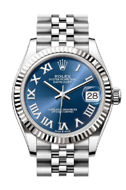 Leather Cuff Watches for a Bohemian LookRolex Datejust 31 Blue Roman Dial Fluted Bezel Jubilee Ladies Watch 278274 278274-0034