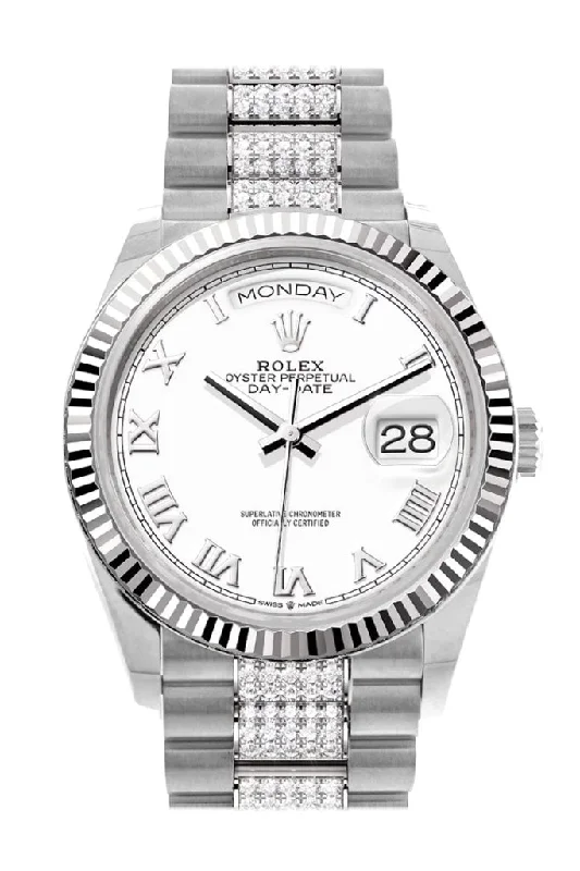 Women’s Dress Watches with Elegant StrapsRolex Day-Date 36 White Dial Fluted Bezel White Gold Diamond President Watch 128239 DC