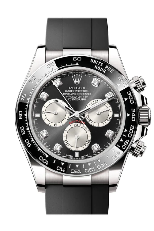 Watches with Silicone Straps for a Soft FeelRolex Daytona 40 Black Steel Diamond Dial White Gold Mens Watch 126519LN