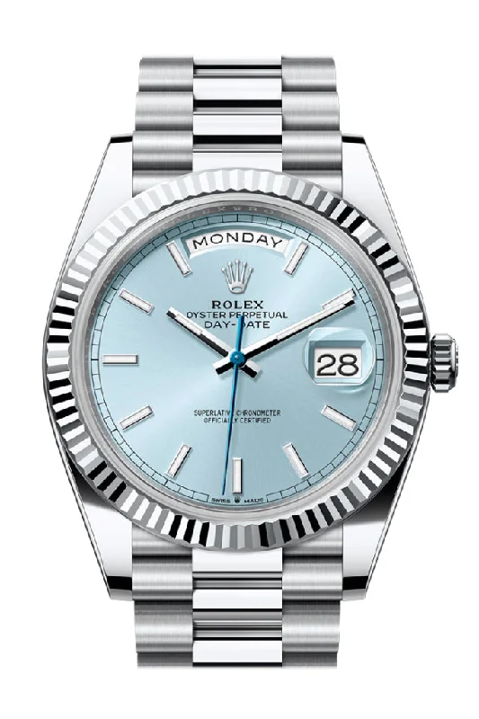 Leather Band Watches with Quick-Release BucklesRolex Day-Date 40 Ice-Blue Dial Dial Fluted Bezel Platinum President Men's Watch 228236