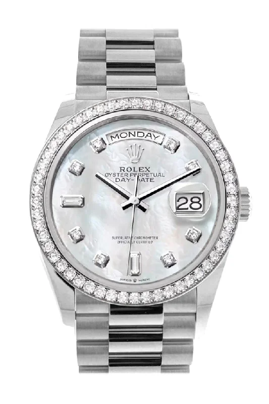 Outdoor Adventure Watches with CompassRolex Day-Date 36 Mother of Pearl Diamond Dial Diamond Bezel White Gold President Watch 128349RBR