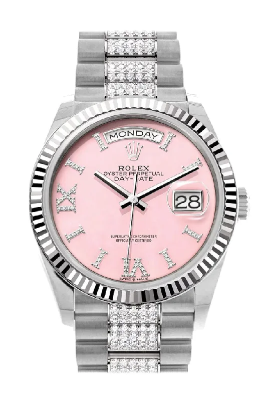 Alloy Cased Watches for Affordable QualityRolex Day-Date 36 Pink Opal Diamond Dial Fluted Bezel White Gold Diamond President Watch 128239