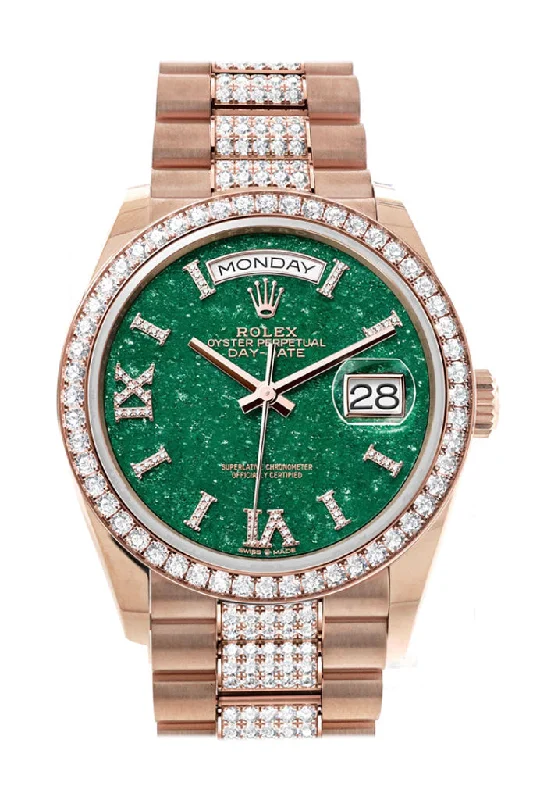 Watches with Gold Plated Cases for a Luxurious LookRolex Day-Date 36 Green Aventurine Dial Diamond Bezel 18K Everose Gold Diamond President Watch 128345RBR