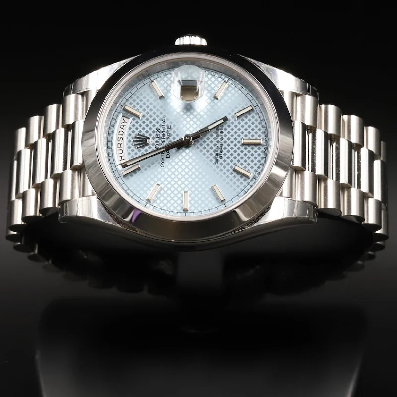 Titanium Cased Watches for Lightweight ComfortRolex<br>228206 DayDate 40 Ice Blue Diagonal Motif Dial