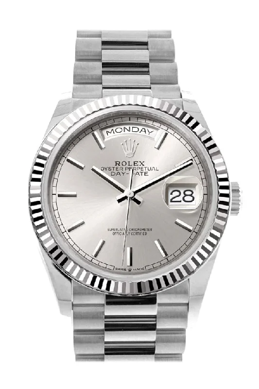 Watches with GMT FunctionRolex Day-Date 36 Silver Dial Fluted Bezel White gold President Watch 128239