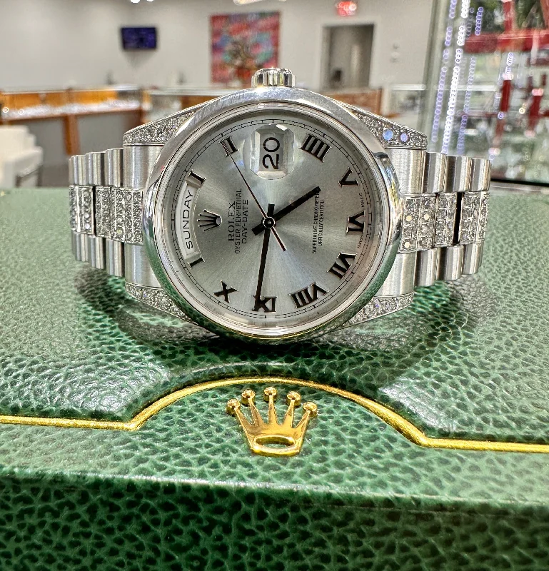 Round Dial Watches with Roman NumeralsRolex Day Date 36 118296 Glacier Blue Roman Factory Diamond lugs Custom Diamond Platinum Bracelet PreOwned