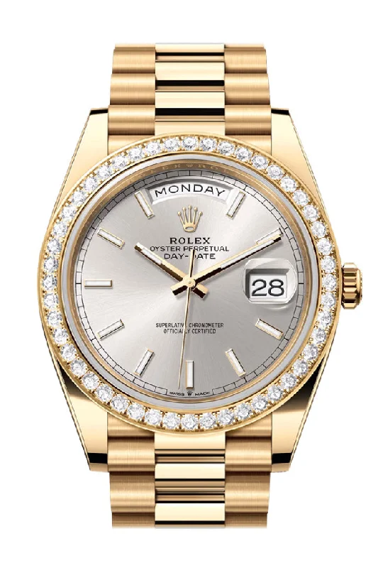 Wristwatches with Second Time Zone FeatureRolex Day-Date 40 Silver Dial Diamond Bezel Yellow Gold President Men's Watch 228348RBR 228348