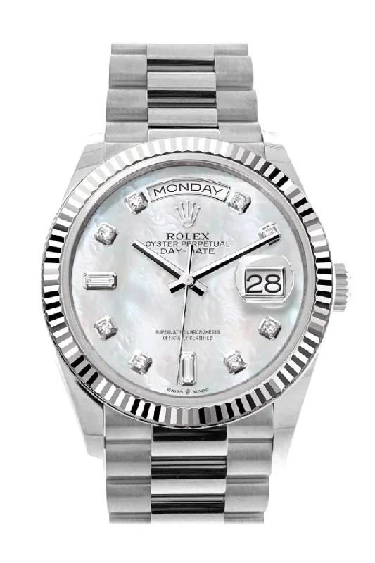 Stainless Steel Mesh Strap Watches for a Sleek LookRolex Day-Date 36 Mother of Pearl Diamond Dial Fluted Bezel White gold President Watch 128239