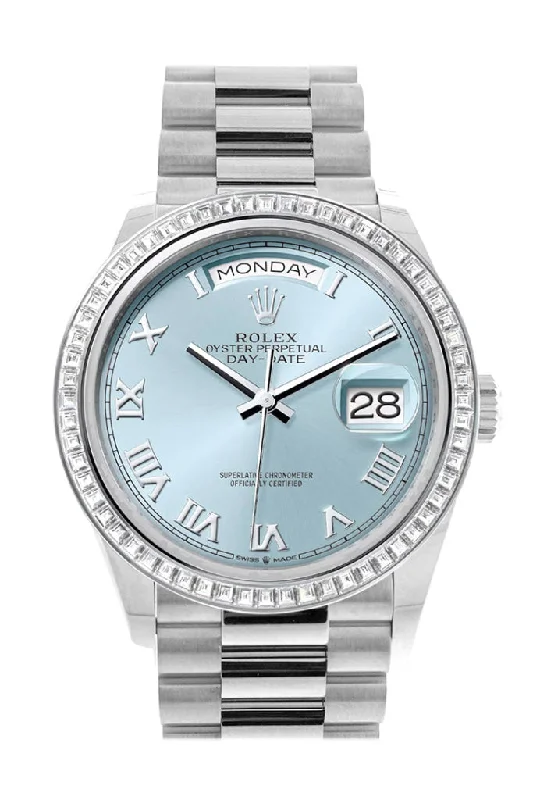 Watches with Engraved Dials for PersonalizationRolex Day-Date 36 Ice Blue Roman Dial Diamond Bezel Platinum President Watch 128396TBR