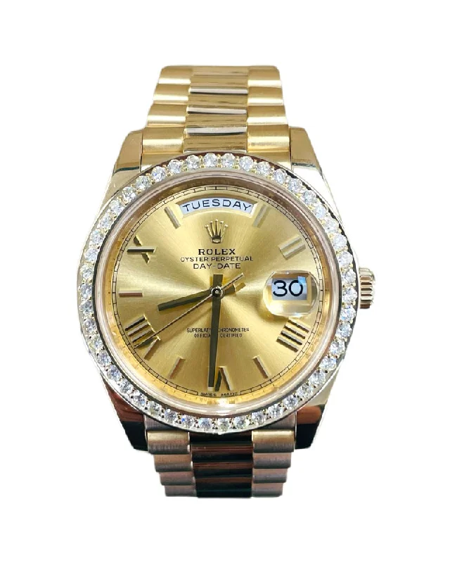 Wooden Cased Watches for a Natural LookRolex DayDate 40 228238 Champagne Roman  Dial Custom 3.50ct Natural Diamond Bezel Box and Paper PreOwned