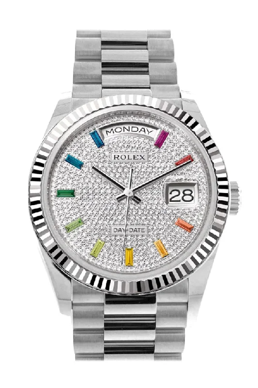 Watches with Luminous Markers for Night VisibilityRolex Day-Date 36 Diamond Paved Dial Fluted Bezel White gold President Watch 128239