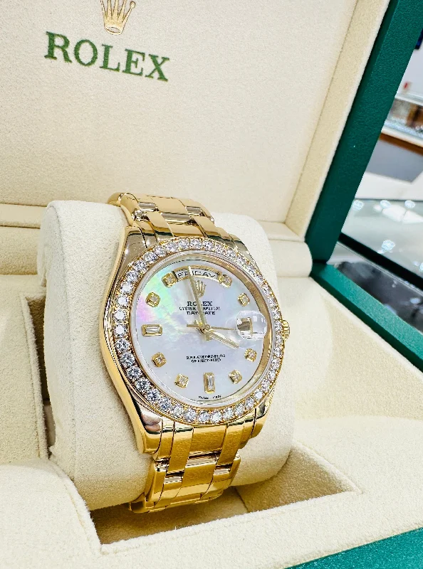 Watches with Backlight for Low-Light ConditionsRolex Masterpiece 18948 Day-Date 18K Yellow Gold Custom Diamond MOP Dial & Factory Diamond Bezel PreOwned