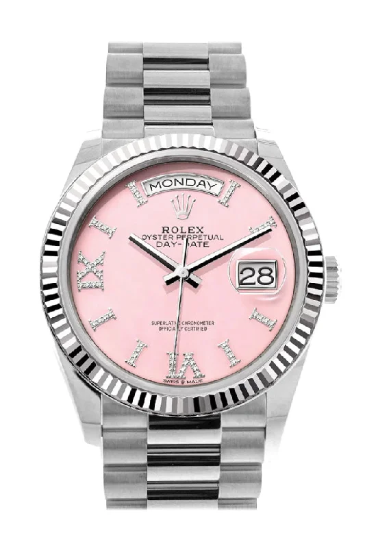 Watches with Power Reserve Indicator (for mechanical)Rolex Day-Date 36 Pink Opal Diamond Dial Fluted Bezel White gold President Watch 128239