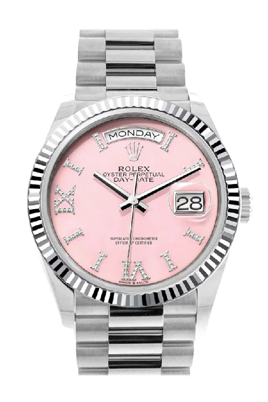 Waterproof Diving Watches with Rotating BezelRolex Day-Date 36 Pink Opal Diamond Dial Fluted Bezel Platinum President Watch 128236