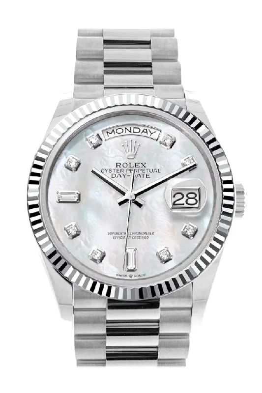 Stainless Steel Dress Watches for BusinessmenRolex Day-Date 36 Mother of Pearl Diamond Dial Fluted Bezel Platinum President Watch 128236