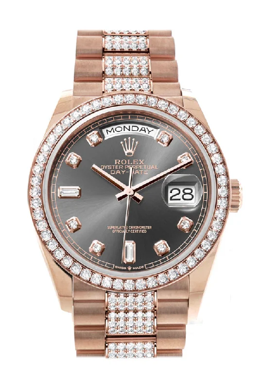 Watches with Glossy Finish Cases for a Shiny AppealRolex Day-Date 36 Slate Dial Diamond Bezel 18K Everose Gold Diamond President Watch 128345RBR