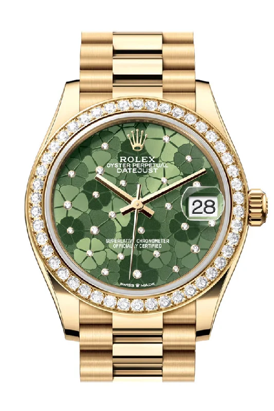 Adjustable Strap Watches for Perfect FitRolex Datejust 31 Olive Green Floral Motif Diamond Dial Diamond Bezel Yellow Gold Ladies Watch 278288RBR 278288RBR-0038