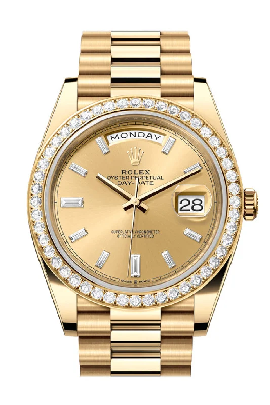 Designer Brand Watches with Unique Dial PatternsRolex Day-Date 40 Champagne Baguette Diamonds Dial Yellow Gold President Men's Watch 228348RBR 228348