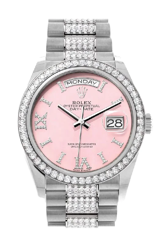 Military Style Watches with Luminescent HandsRolex Day-Date 36 Pink Opal Diamond Dial Diamond Bezel White Gold Diamond President Watch 128349RBR