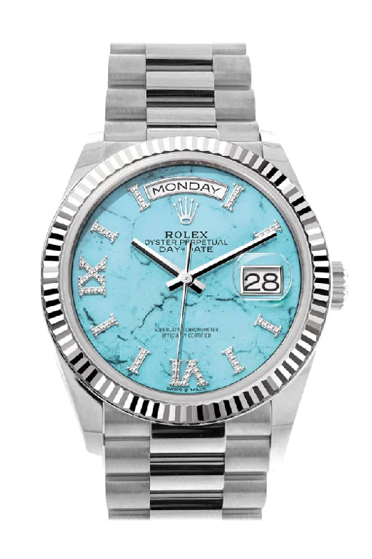 Digital Watches with Timer FunctionRolex Day-Date 36 Turquoise Diamond Dial Fluted Bezel White gold President Watch 128239